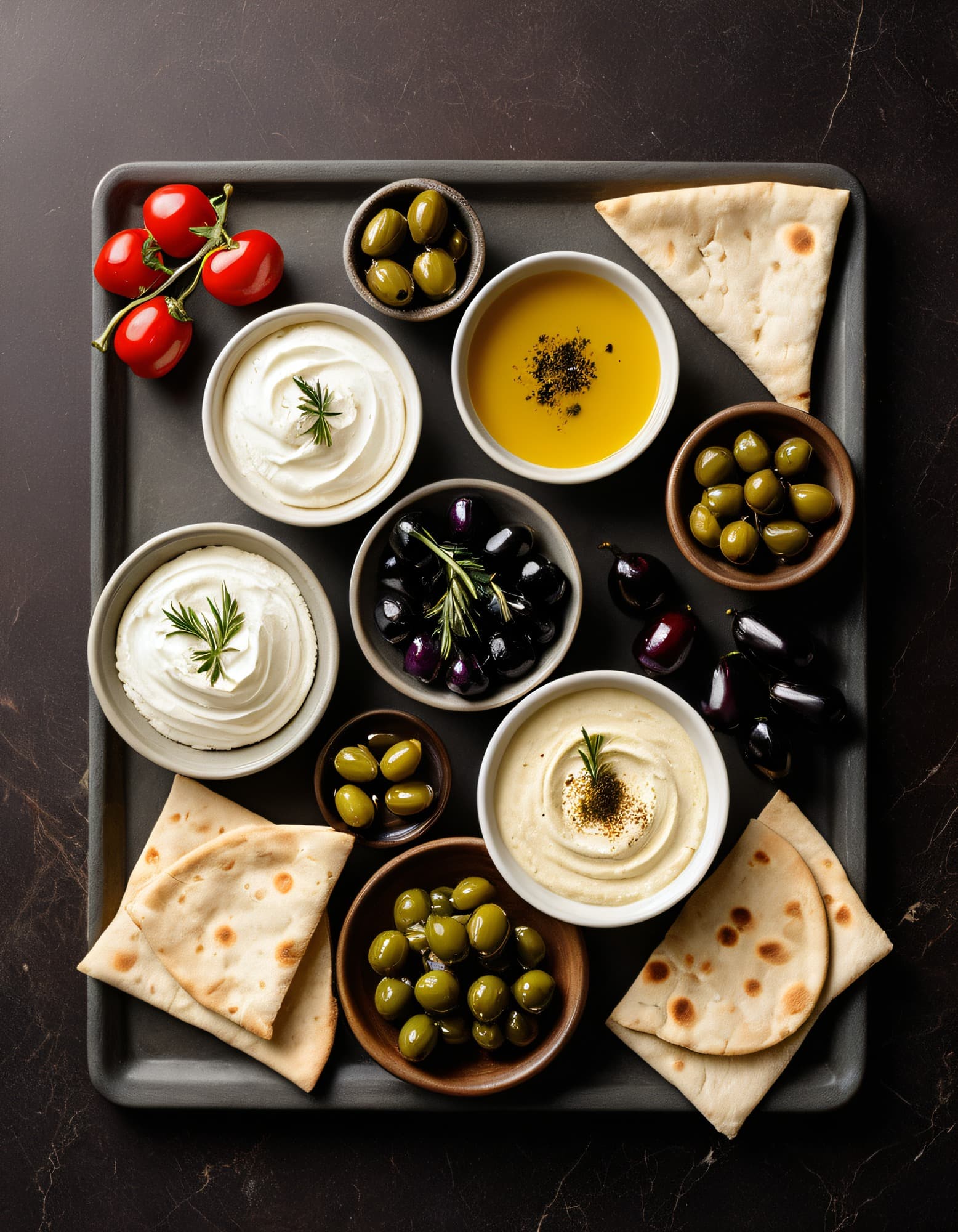 מבחר ראשונות לשיתוף פרוס על השולחן, לחם ומטבלים